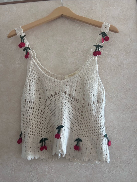 Rebellion Tops - Rebellion Cream Crochet Camisole with Red Cherry Accents